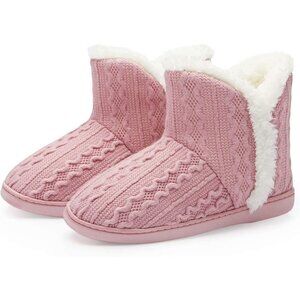 Women's Winter Warm Fluffy Fur Lined Plush Light Pink Bootie Slippers Shoes